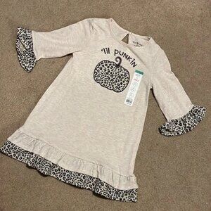 NWT Girls Fall Dress– ‘Lil Punkin’ Leopard Pumpkin Graphic Ruffle Trim  size XS